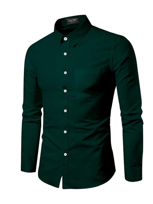 Mildin MenS Regular Cotton Blend Dark Green Slim Fit Solid Button Down Spread Collar Full Sleeve Curved Hemline Formal Shirt Wi