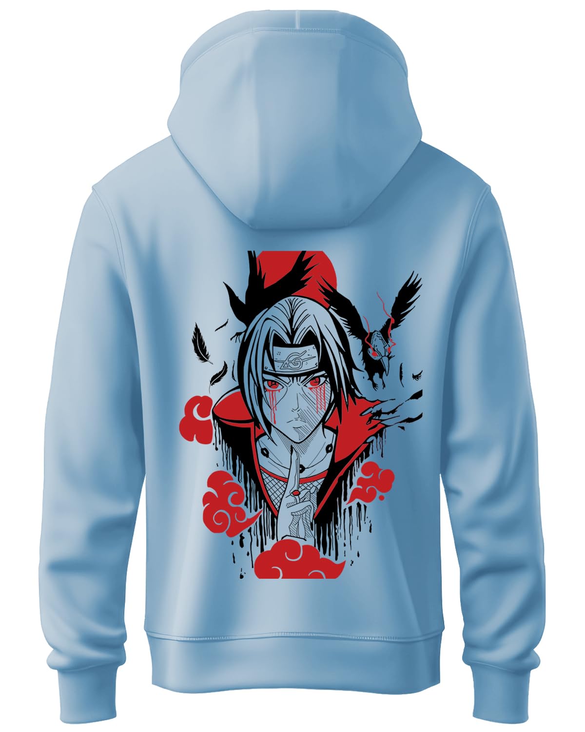 ADRO Mens Hoodies with Itachi Uchiha Anime Backside Printed, 100% Cotton 340GSM. (H23-M-ITA-SK_SkyBlue)