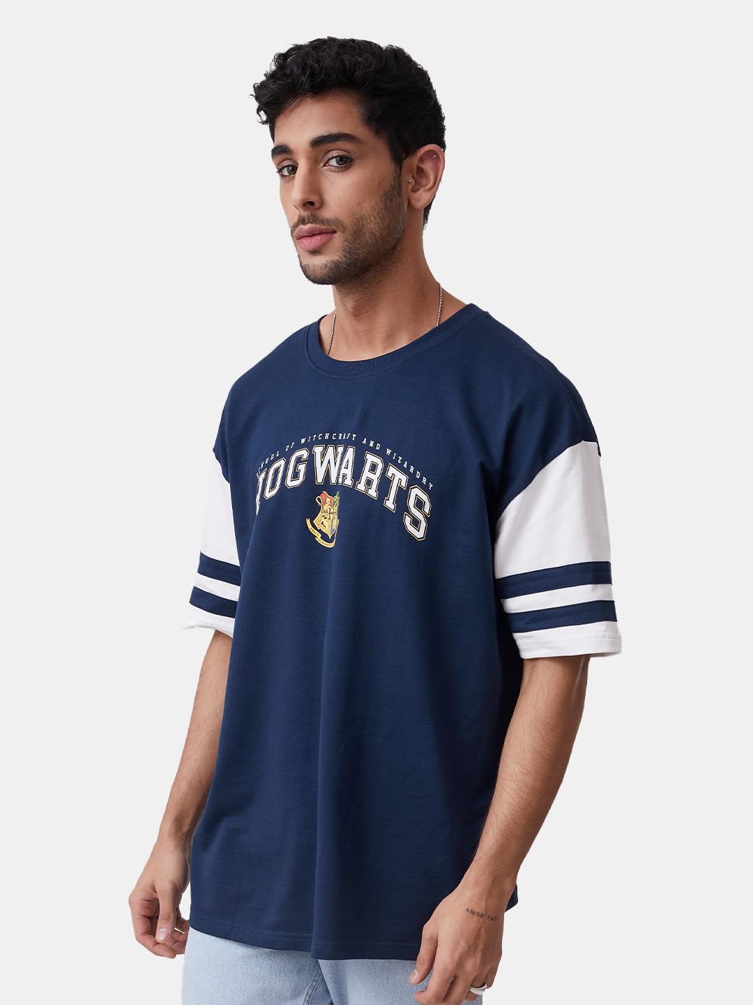 The Souled StoreOfficial Harry Potter: Nice Navy Polyester Navy Blue and White Oversized T Shirts for Men Baggy Off-Shoulder Loo