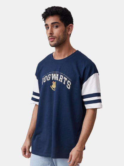The Souled StoreOfficial Harry Potter: Nice Navy Polyester Navy Blue and White Oversized T Shirts for Men Baggy Off-Shoulder Loo
