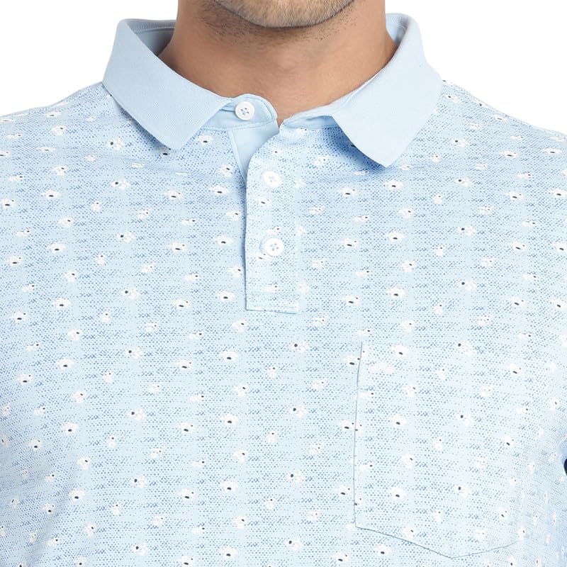 Turtle Men Cotton Stretch Sky Blue Printed Polo Neck Half Sleeve Casual T-Shirt
