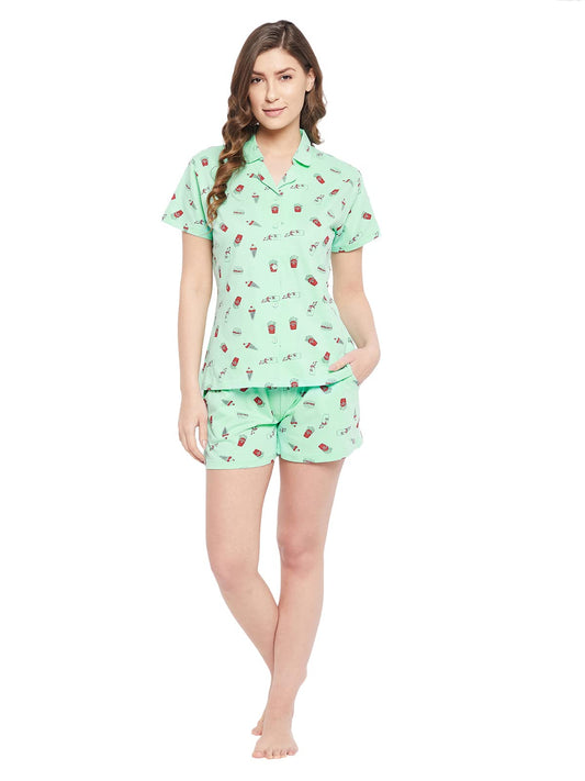 Clovia Womens Cotton Printed Button Down Shirt & Shorts Set (LS0094E11_Green_M)