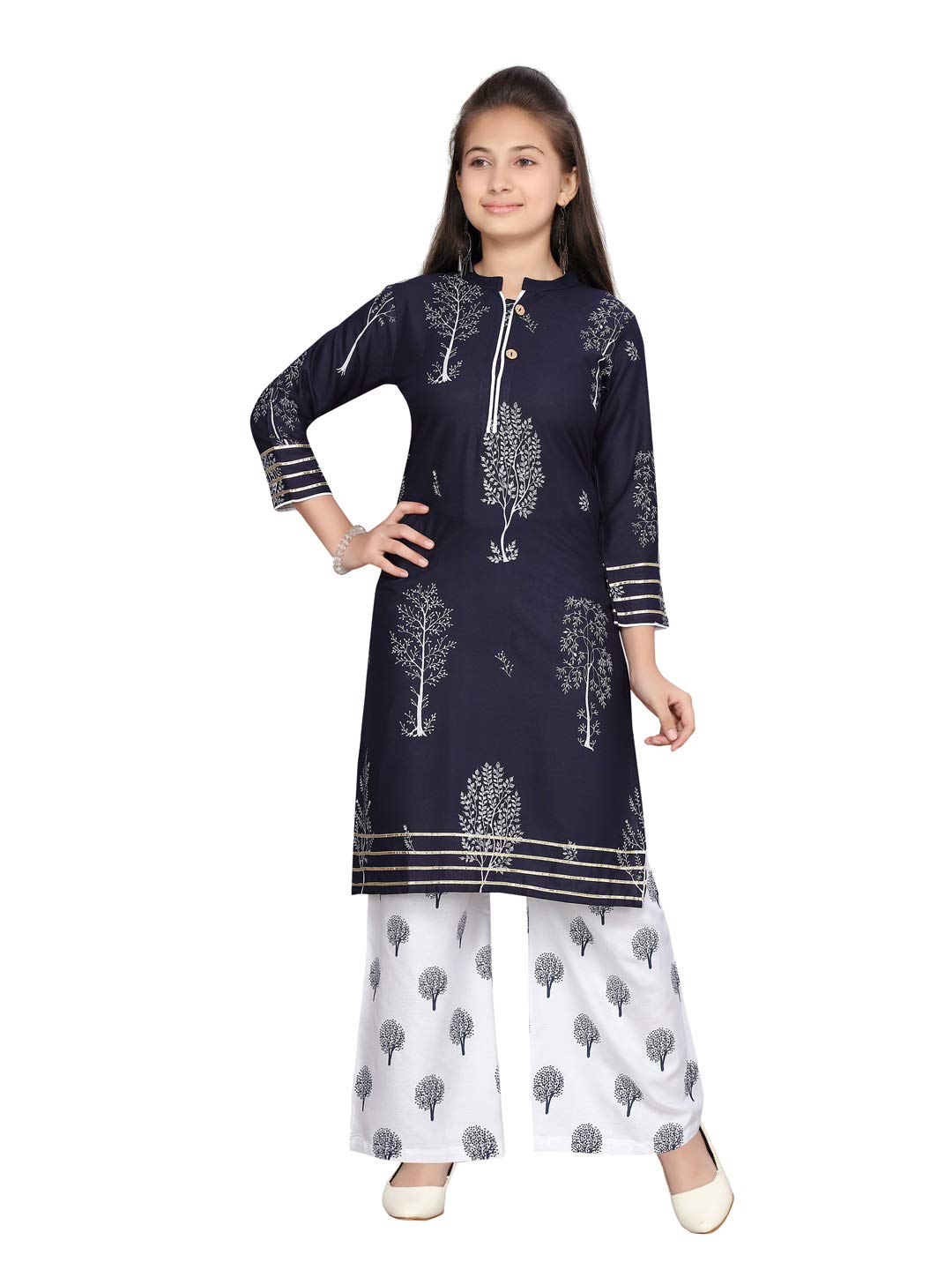 Aarika Girl'S Cotton Printed Kurti Palazzo Set (Pl-K-01_Blue), 32