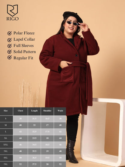 Rigo Cotton Full Sleeves Plus Size Long Overcoat for Women | Plus Size, Lapel Collar Womens Jacket | Winter Wear Over Coat for