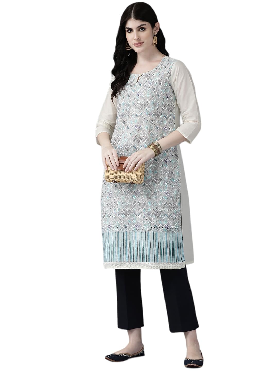 Aarika Womens Cream-Blue Color Cotton Kurti (Kurti-W-Nm-R-16039-Cream-Blue-40)
