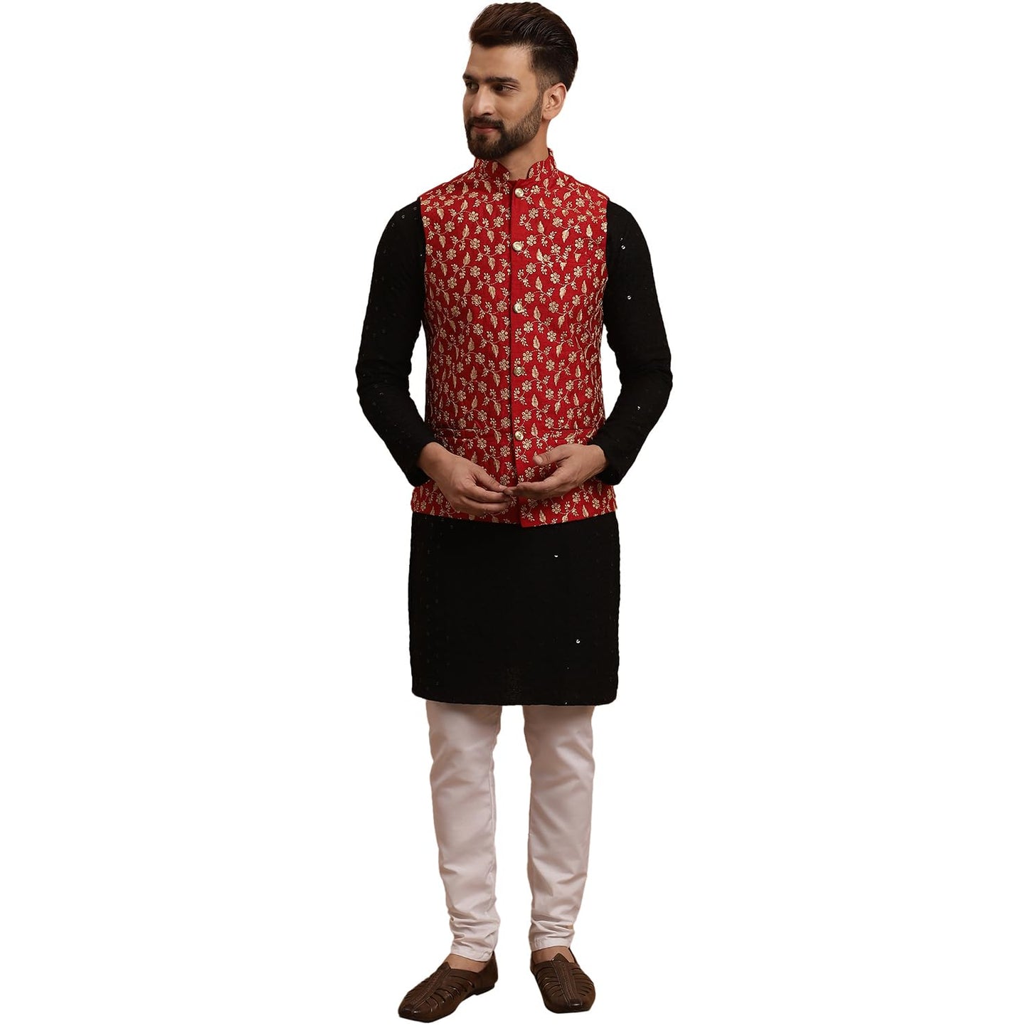 SOJANYA (Since 1958 Men's Cotton Black Kurta and White Pyjama Maroon Embroidery Nehru Jacket