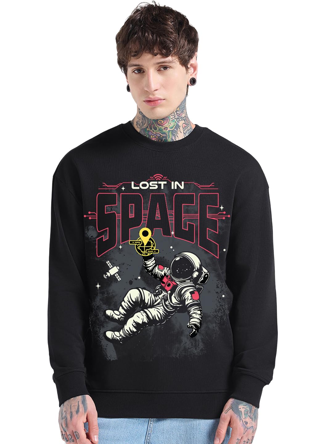 Bewakoof MenS Graphic Print Oversized Fit Full Sleeve Round Neck Cotton Blend Sweatshirt_694486_Black_S