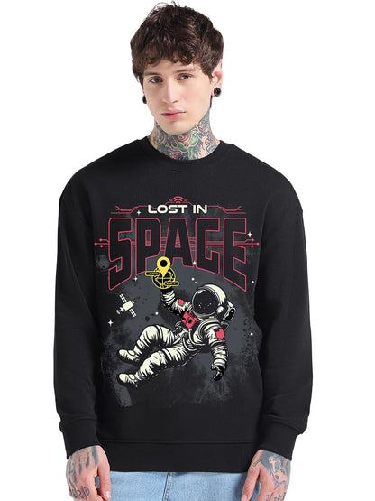Bewakoof MenS Graphic Print Oversized Fit Full Sleeve Round Neck Cotton Blend Sweatshirt_694486_Black_S
