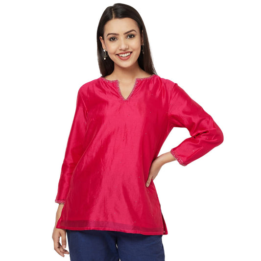 Fabindia Cotton Silk Stitch line Short Kurta (Teal-10696933)