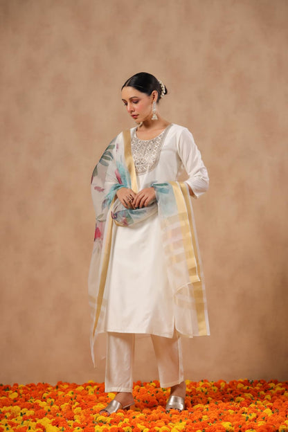 ishin Women's Poly Silk Yoke Design Zari Off White Straight Kurta Suit Set with Trousers and Dupatta