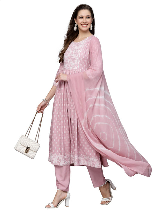Stylum Women's Printed Rayon Naira Cut Kurta Pant with Dupatta