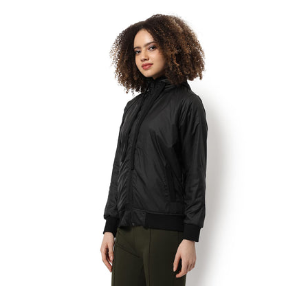 Campus Sutra Women Black Puffer Regular Fit Bomber Jacket For Winter Wear | Standing Collar | Full Sleeve | Zipper | Casual Jack
