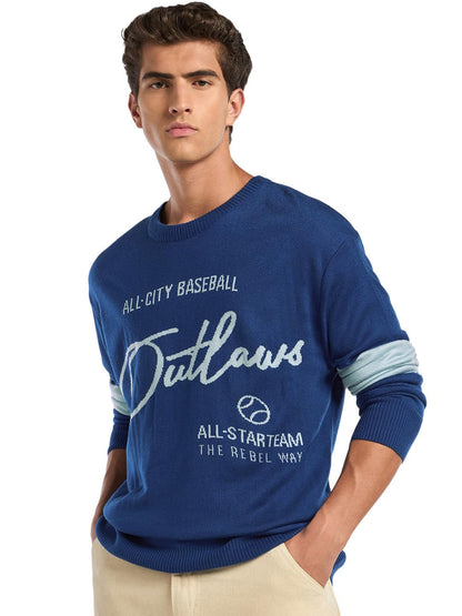 Bewakoof Mens Typography Super Loose Fit Full Sleeve Round Neck 100% Acrylic Sweater_644661_Blue_S