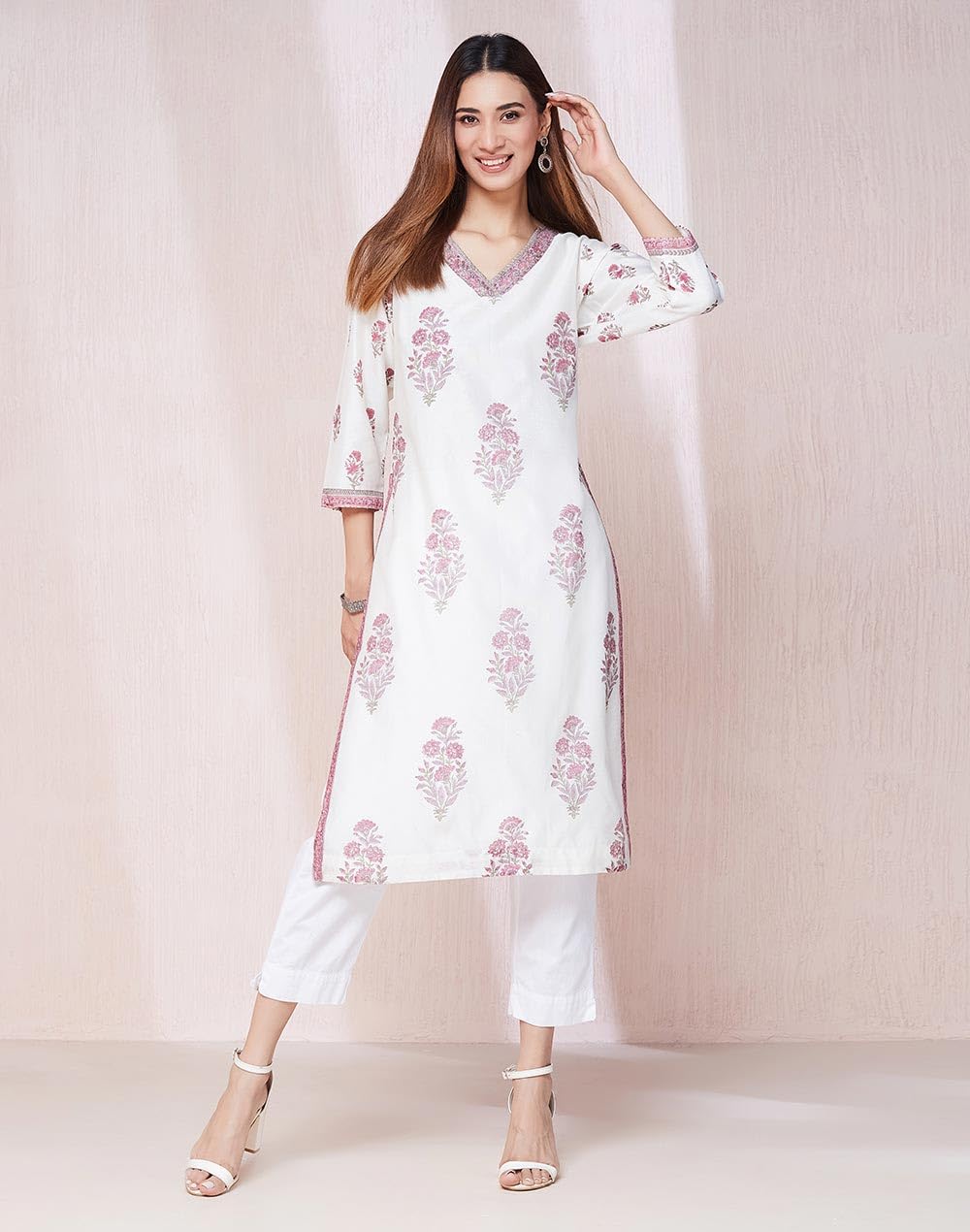 Fabindia WomenS Cotton Silk Printed Regular Kurta (1037300White- White-Purple