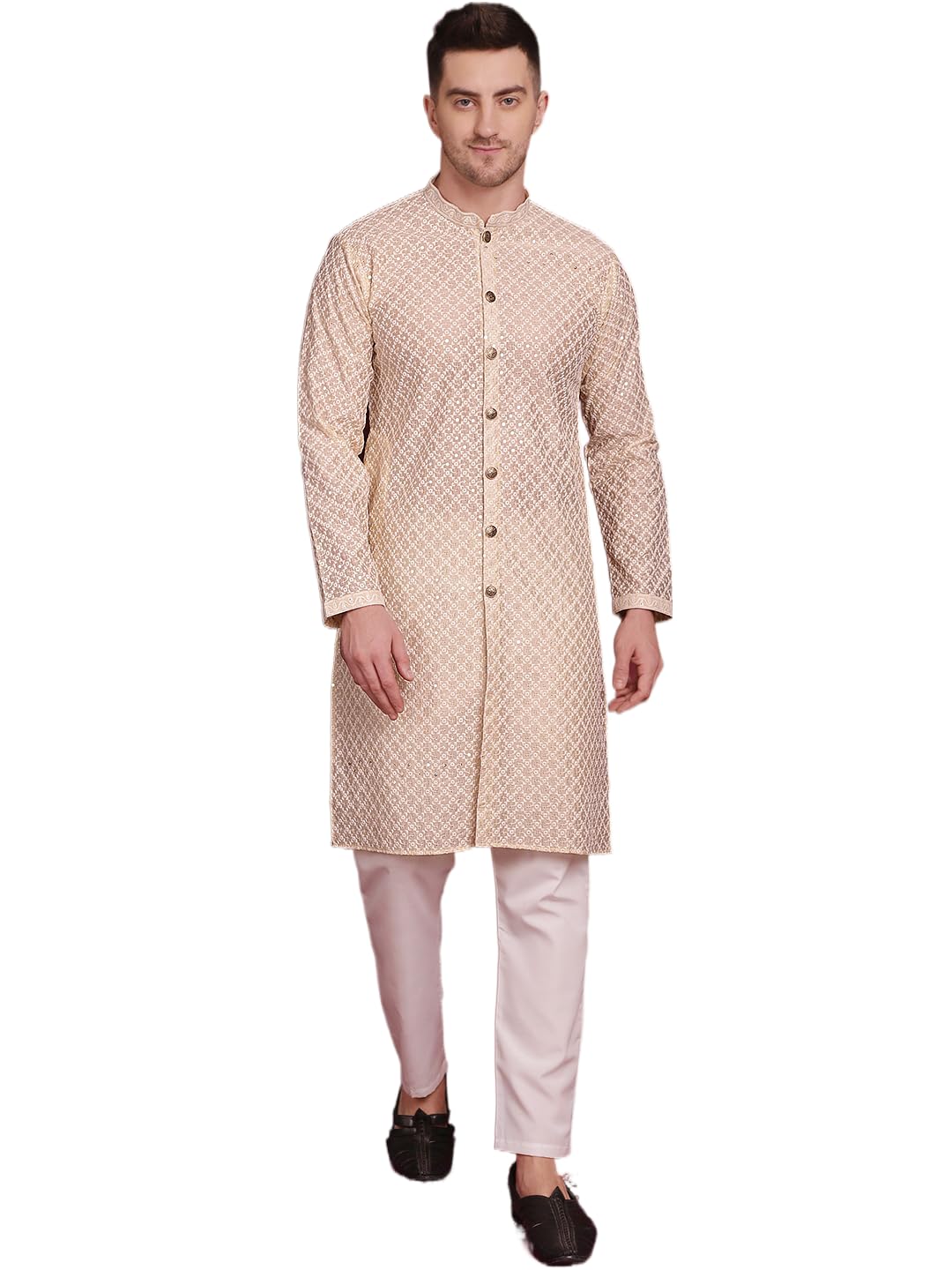 Jompers Mens Sequin Chikankari Front Open Kurta Pyjama Set