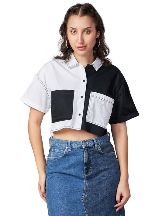 Bewakoof Womens Color Block Oversized Fit Half Sleeve Collared Neck Cotton Blend Cropped Shirt_617281_White_L