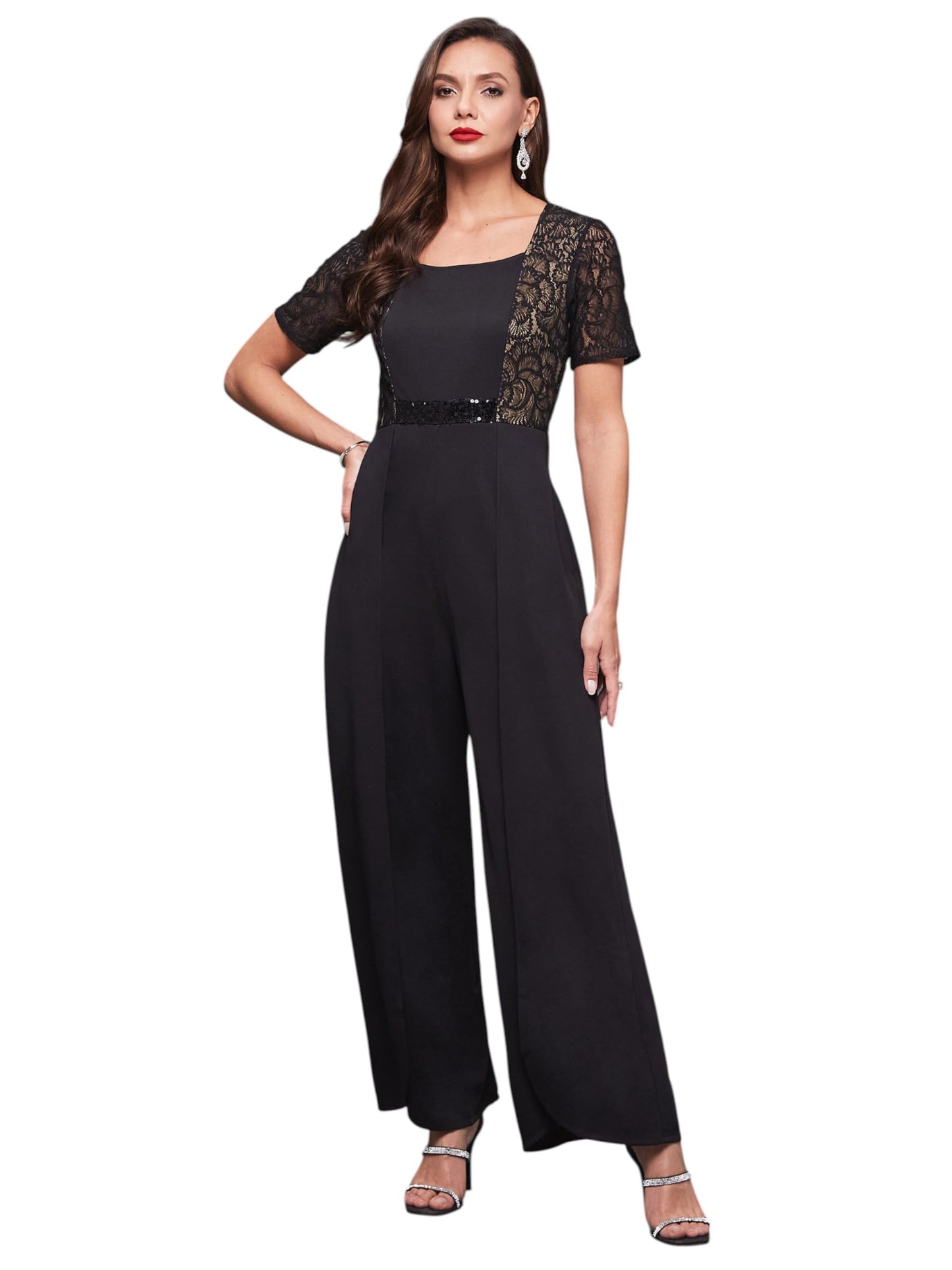 Miss Chase Womens Square-Neck Half-Sleeve Self-Designed Panelled Regular-Length Polyester Jumpsuit (MCSS25D93-14-668-06, Abyss 
