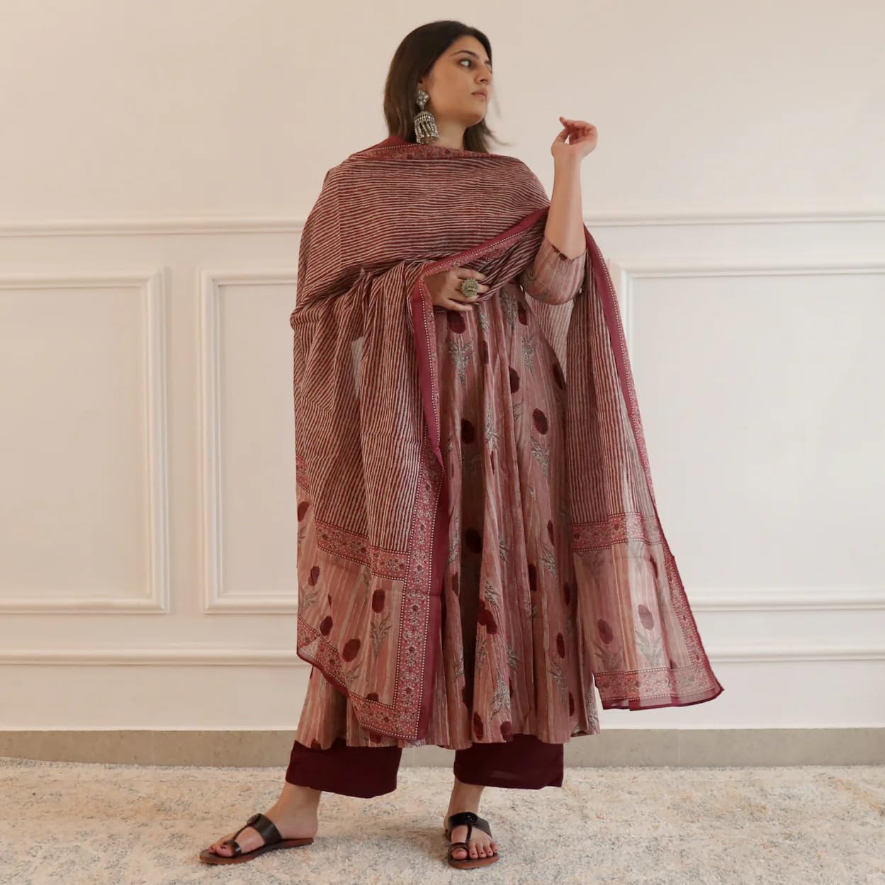ANNI DESIGNER Womens Rayon Blend Floral Regular Kurta with Pant & Dupatta (Prisha Wine