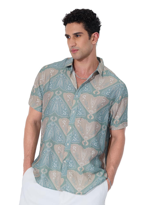 The Souled Store Holiday Shirt: Indie Men and Boys Short Sleeves Collared Neck Button Front Blue All Over Printed Cotton Blend R