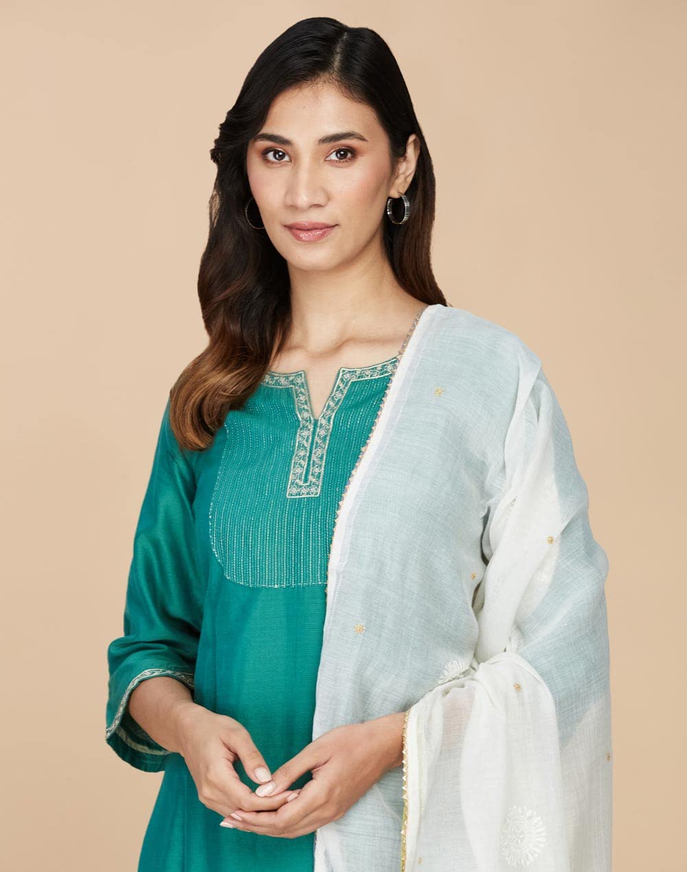 Fabindia Cotton Silk Natural Chikankari Embroidered Dupatta | Free Size | 1 Dupatta | Women | Celebration | 2.5m x 92cm