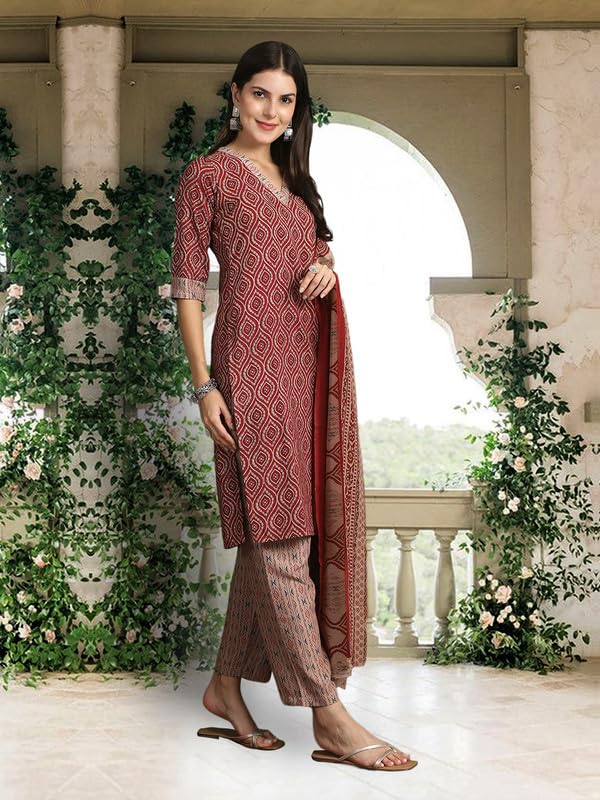 Pinkmint Kurta Set For Women Ll Cotton Flower Printed Straight Kurta & Pant With Fancy Duppata Ll Wedding Ll Formal Ll Party (Pa