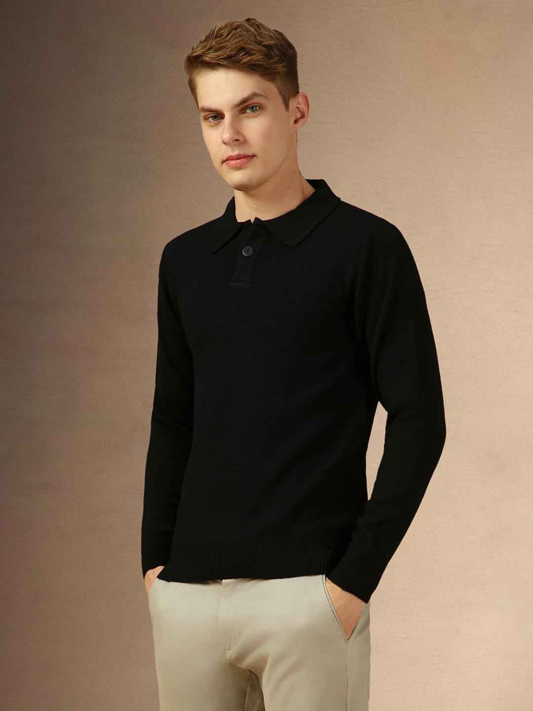 Dennis Lingo Men Black Solid Slim Fit Full Sleeve Polo Pullover