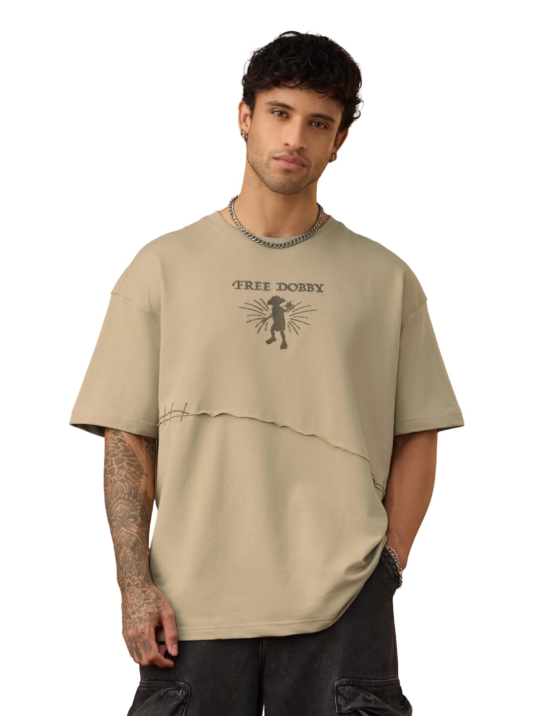 The Souled Store Harry Potter: Free Dobby Men and Boys Short Sleeves Round Neck Beige Embroidered Casualwear Streetwear Lightwei
