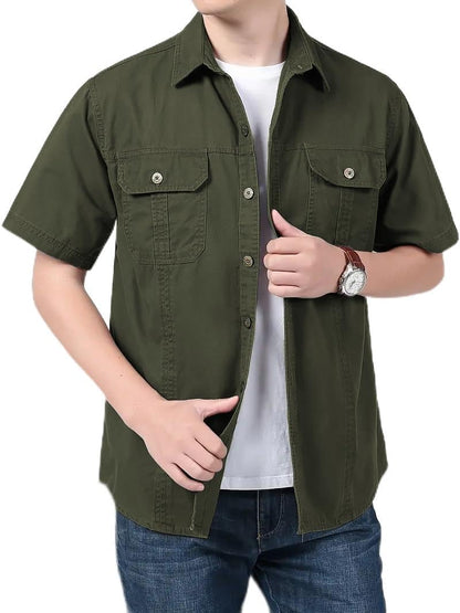 SMOWKLY Mens Casual Solid Printed Cotton Regular Fit Shirt || Half Sleeve, Button Down, Double Front Pocket || Denim Jacket Sty
