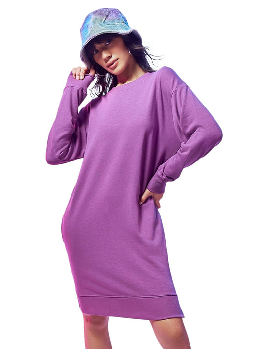 Bewakoof Womens Solid Oversized Sweatshirt Dress_596420_Purple_S