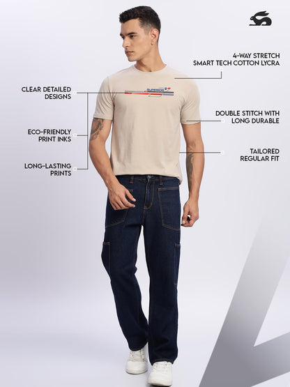 ADRO Men's Graphic Printed 100% Cotton T-Shirt - Regular Fit, Printed T-Shirts for Men (RN24-RAC-BE_Beige)