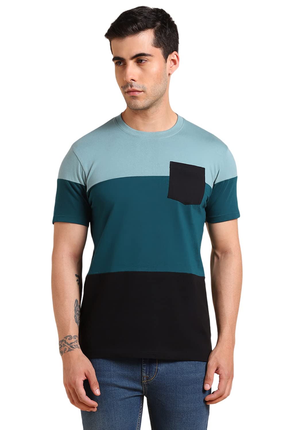 Dennis Lingo MenS Slim Fit Solid Teal Round Neck T-Shirt