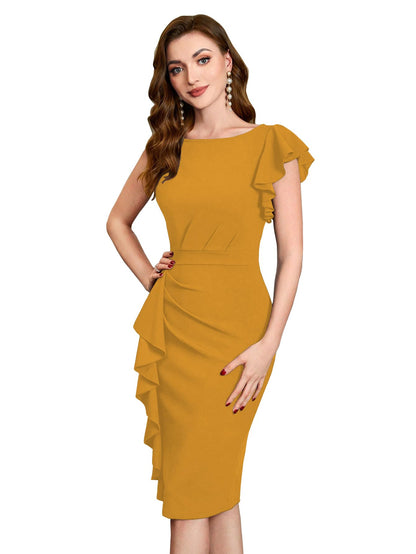 Shasmi GirlS & WomenS Asymmetrical Sleeve Ruffle Trim Cocktail Party Fitted One Piece Knee Length Midi Dress For Women Stylish