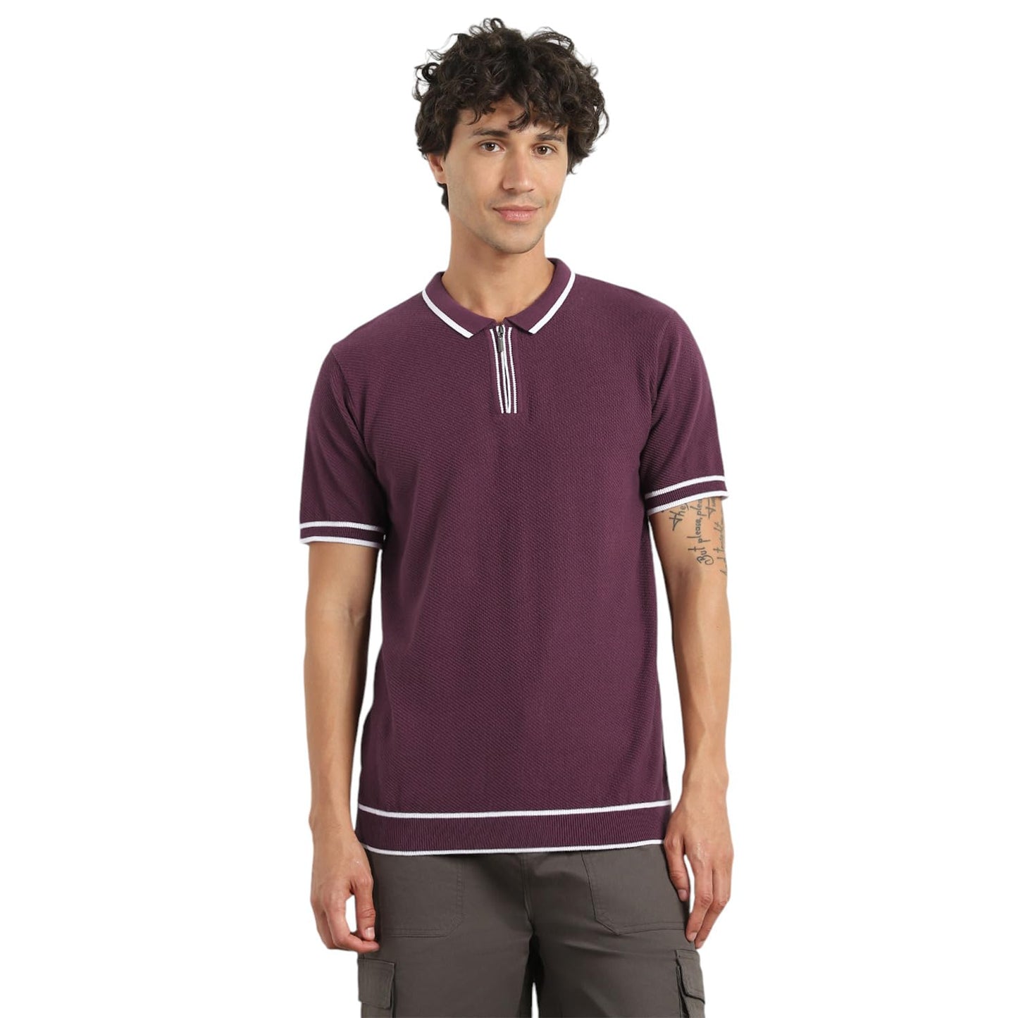 Nobero MenS Self Design Regular Fit Polo Shirt (1M-Twpo-R0028_Midnight Plum