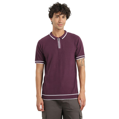 Nobero MenS Self Design Regular Fit Polo Shirt (1M-Twpo-R0028_Midnight Plum