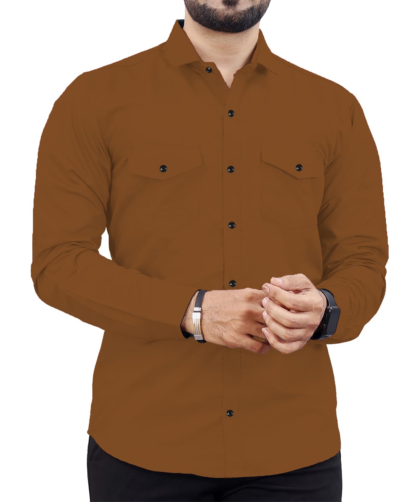 Rebelify MenS Cotton Blend Shirt With Pockets Full Sleeves Collared Neck Solid Pattern Botton Down Closure Regular Fit And Stan