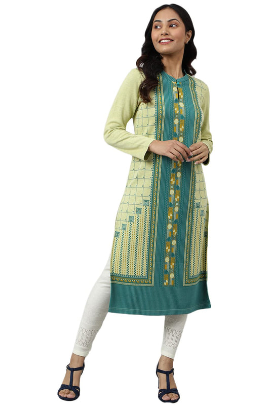 Aurelia Women Pale Banana Cotton Blend Geometric Yarn Dyed Straight Kurta