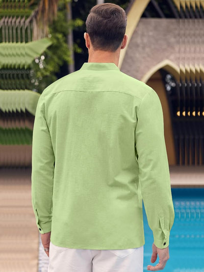 Bellstone Mens Casual Button Down Shirt | Cotton Luster Long Sleeves Shirts | Mandarin Collared Shirts Light Green