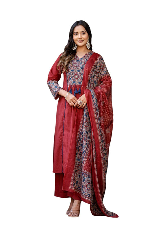 Stylum Womens Ajrakh Printed Cotton A-Line Kurta Pant Dupatta Set