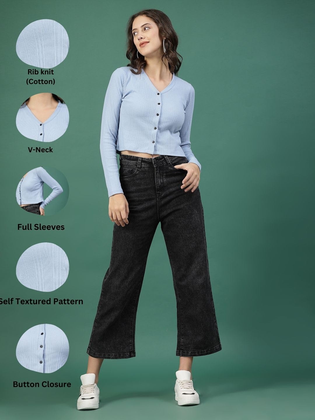 Rigo Casual Wear V Neck Rib Knit Top for Women | Slim Fit Long Sleeves Western Tops for Women
