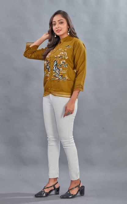 Kesudi WomenS Embroidered Button-Down Shirt For WomenS | Casual Wear Floral Design Tunic Shirt | 3/4 Sleeve Mandarin Collar Sh
