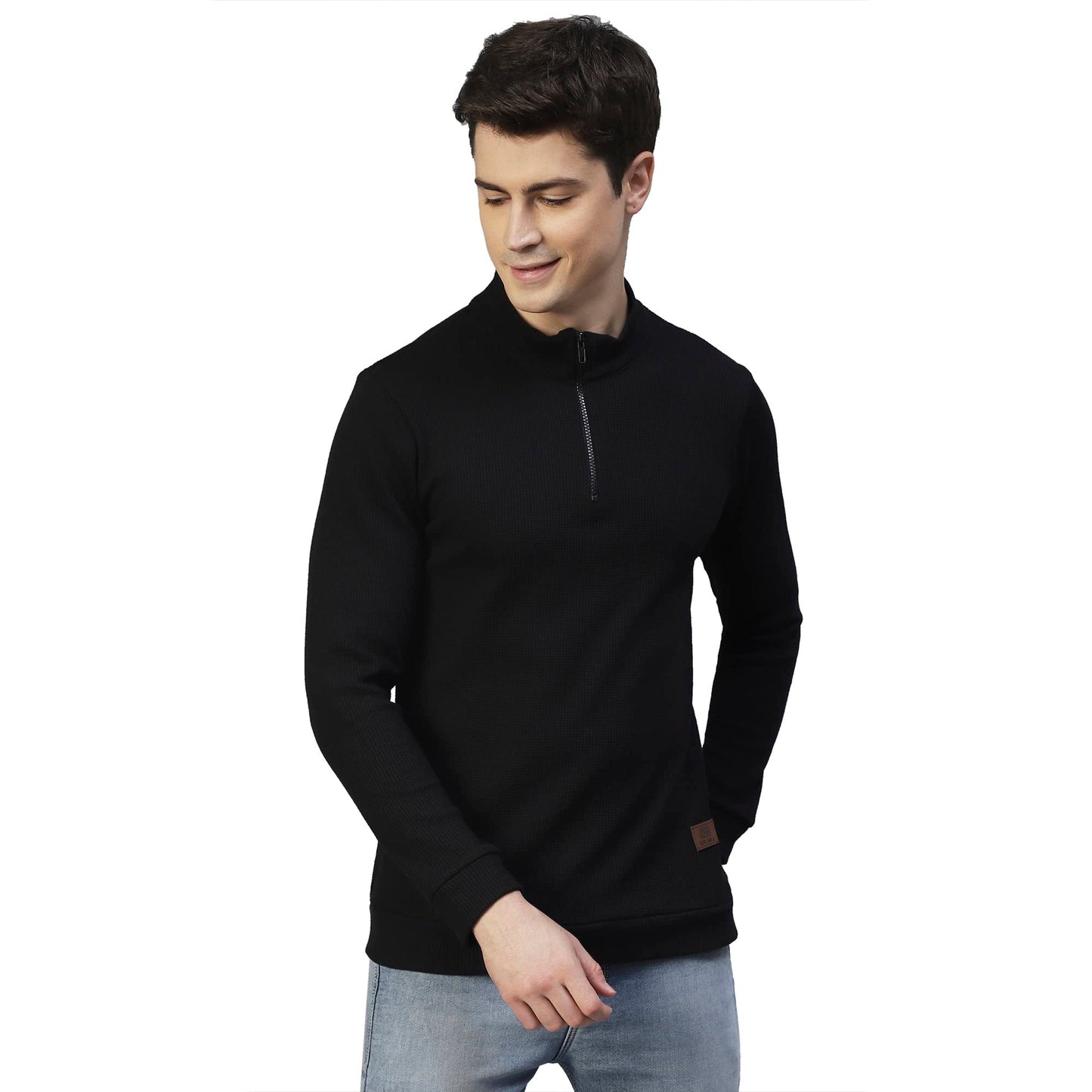 Rigo Men Black Henley Neck Full Sleeves Waffle Knit T-Shirt