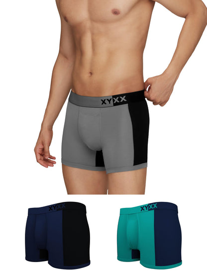XYXX Mens Underwear Dualist IntelliSoft Antimicrobial Micro Modal Trunk Pack of 3 (Black Iris & Black;Navigate & Black Iris;Ste