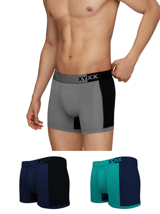 XYXX Mens Underwear Dualist IntelliSoft Antimicrobial Micro Modal Trunk Pack of 3 (Black Iris & Black;Navigate & Black Iris;Ste