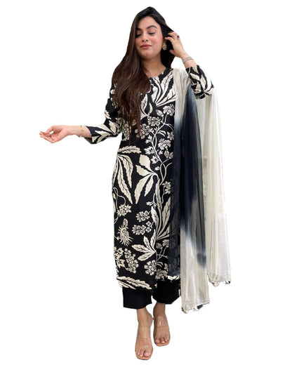 Gosriki WomenS Cotton Blend Printed Straight Kurta With Pant & Dupatta (Jasper Black-Gs_L_Black_Large)