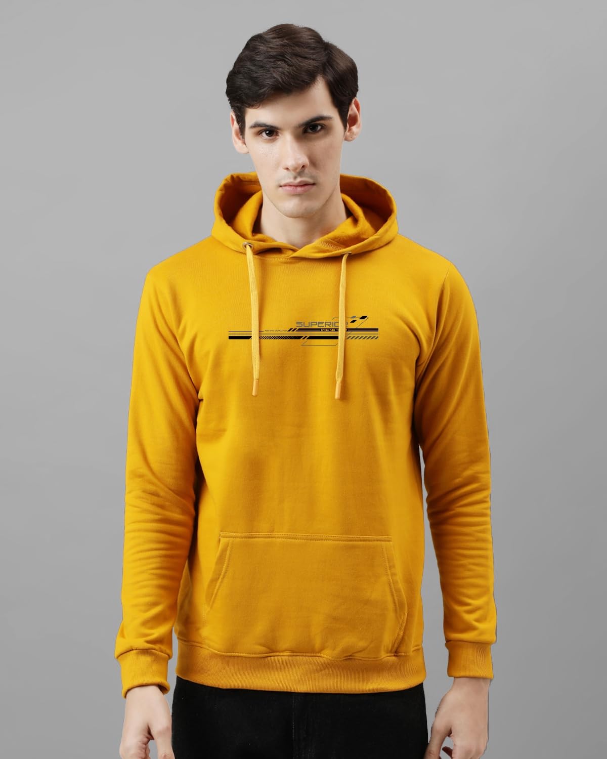 ADRO Men's Cotton Blend Neck Hooded Sweatshirt (H24-RAC-MU_Mustard