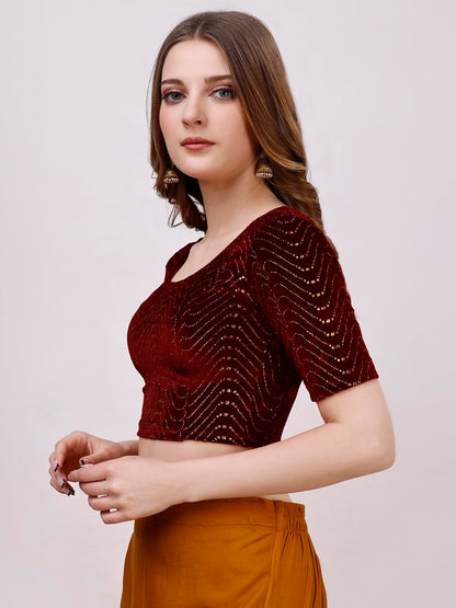 Vihu Fashion WomenS Readymade Hosiery Velvet Lycra Stretchable Round Neck Half Sleeve Blouse With Jari Work Fancy Maroon Color