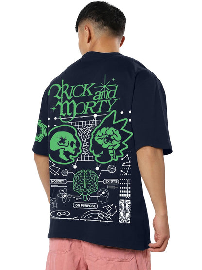 Bewakoof Official Rick and Morty Merchandise Mens Graphic Print Oversized Fit Half Sleeve Round Neck Cotton T-Shirt_680238_Blue