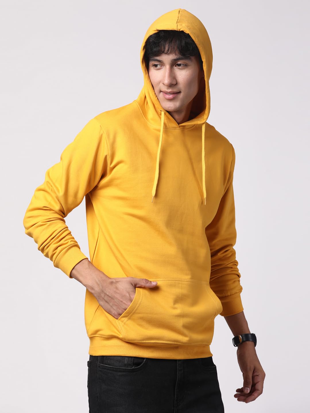 ADRO Mens Cotton Solid Hoodie Sweatshirts (H23-PLN-MU_Mustard)