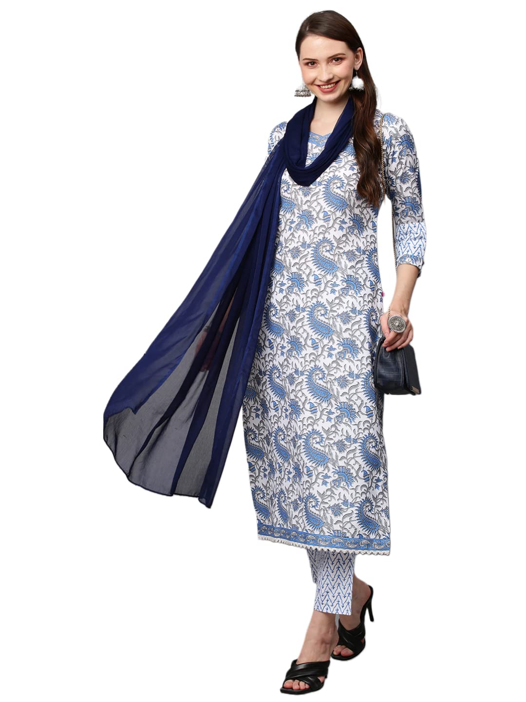 ANNI DESIGNER Womens Cotton Blend Kurta with Pant & Dupatta (Please-NW_Blue_Small)