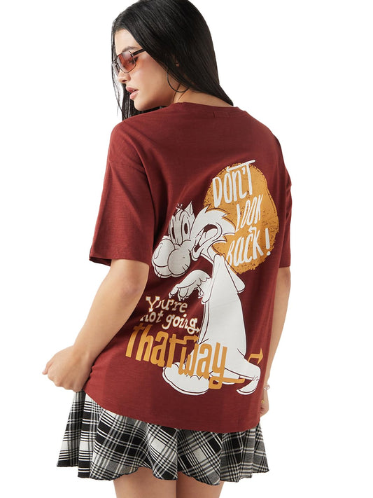 Bewakoof Air 1.0 Official Looney Tunes Merchandise Sylvester Womens Graphic Print Oversized Fit Half Sleeve Round Neck Cotton S